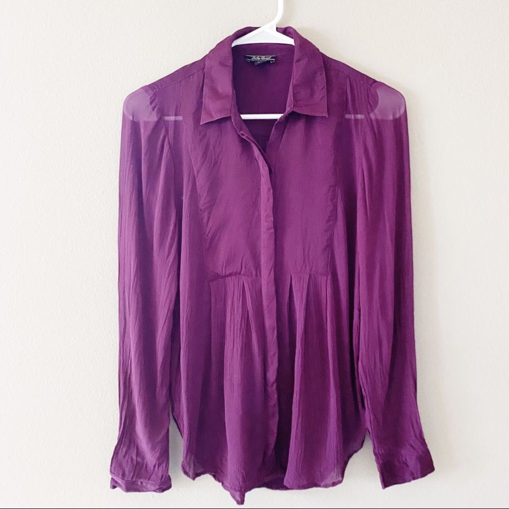 Lucky Brand Eggplant Dark Purple Crepe Sheer Button Down Long Sleeve Blouse Top